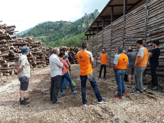 Treballadors d'Integra Pirineus escolten una presentació al costat de la fusta emmagatzemada